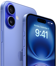 Dwa modele, iPhone 16 Plus, ultramaryna, tył obudowy, iPhone 16, ultramaryna, przód obudowy, wokół ekranu widać poświatę Apple Intelligence