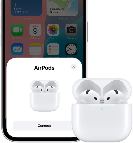 iPhone i słuchawki AirPods obok siebie. Na ekranie widać, że słuchawki są gotowe do sparowania.