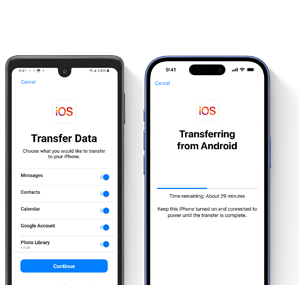 Konfiguracja nowego iPhone’a znajdującego się obok urządzenia z Androidem. Na ekranach pojawiają się instrukcje dla użytkownika dotyczące przesyłania danych z Androida do iPhone’a.