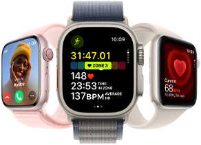 Apple Watch Series 9 skierowany lekko w lewo, Apple Watch Ultra 2 skierowany do przodu, Apple Watch SE skierowany lekko w prawo