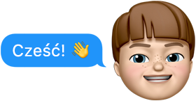 Memoji przedstawiające dziecko obok wiadomości tekstowej „Cześć!” wraz z emoji machającej dłoni
