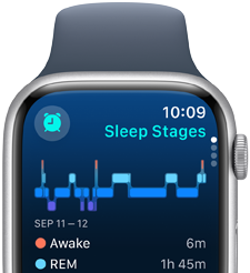 Apple Watch Series 9 pokazujący informacje o fazach snu