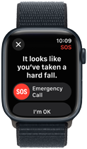 Apple Watch Series 9 wykrywający groźny upadek i pokazujący opcję wykonania połączenia alarmowego