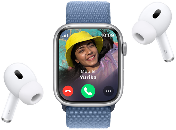 Apple Watch Series 9 pokazujący ekran połączenia przychodzącego wraz z pobliskimi słuchawkami AirPods Pro