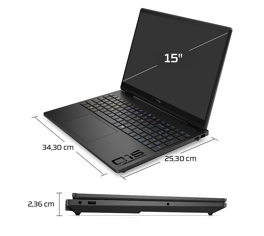 Laptop HyperX Omen 15 z zaznaczonymi wymiarami: ekran 15 cali, szerokość 34,3 cm, głębokość 25,3 cm i grubość 2,36 cm
