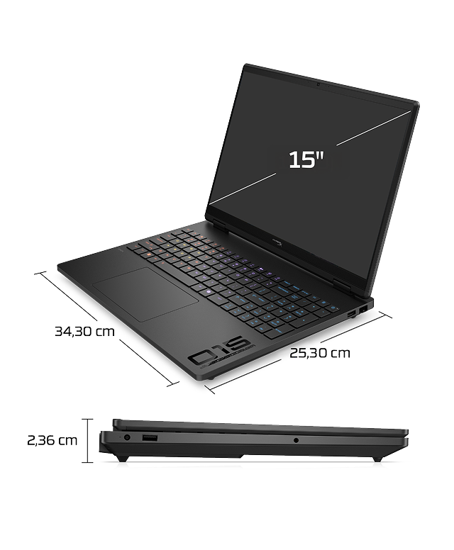 Laptop HyperX Omen 15 z zaznaczonymi wymiarami: ekran 15 cali, szerokość 34,3 cm, głębokość 25,3 cm i grubość 2,36 cm