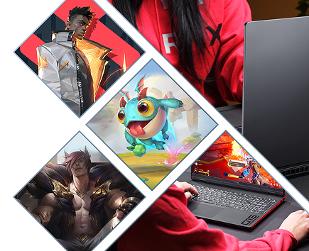 Kolaż z grafikami z gier oraz graczem używającym laptopa HyperX Omen 15 z widocznym logo na klapie