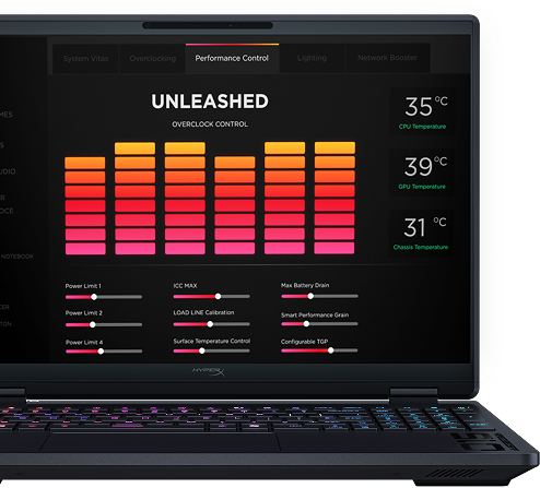 Ekran laptopa z panelem sterowania Omen Gaming Hub pokazującym statystyki temperatury i opcje overclockingu