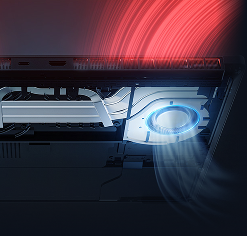 Przekrój układu chłodzenia laptopa z widocznymi wentylatorami i schematem przepływu powietrza