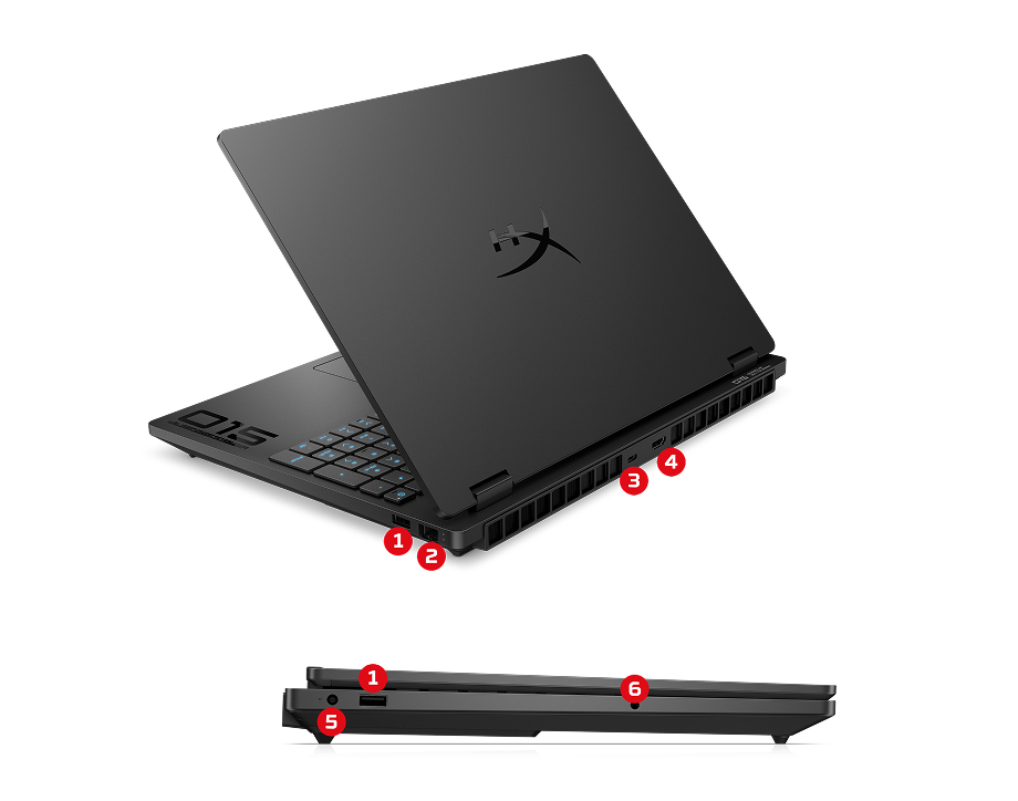 Schemat rozmieszczenia portów w laptopie HyperX Omen 15 z czerwonymi oznaczeniami numerycznymi od 1 do 6