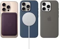 Widok z tyłu na trzy urządzenia iPhone 16 Pro, przyłączone akcesoria MagSafe: portfel z tkaniny FineWoven do iPhone’a, ładowarka MagSafe i silikonowe etui z MagSafe do iPhone’a