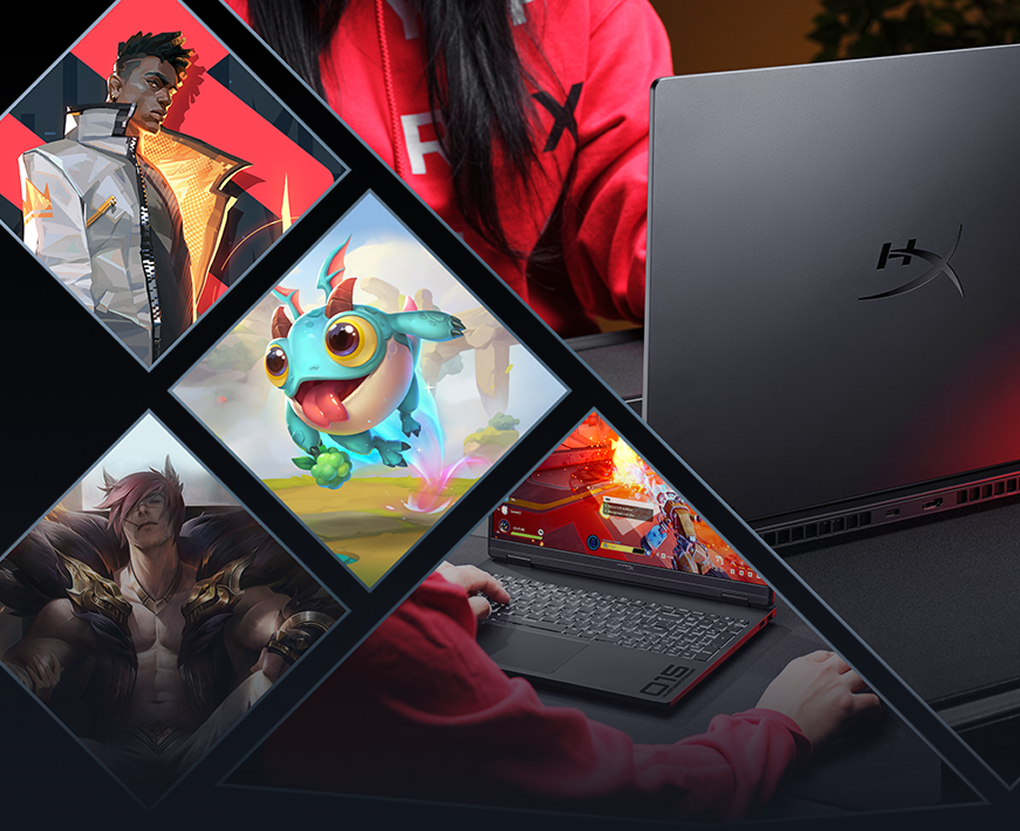 Kolaż z grafikami z gier oraz graczem używającym laptopa HyperX Omen 15 z widocznym logo na klapie