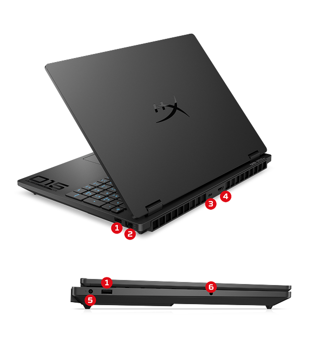 Schemat rozmieszczenia portów w laptopie HyperX Omen 15 z czerwonymi oznaczeniami numerycznymi od 1 do 6