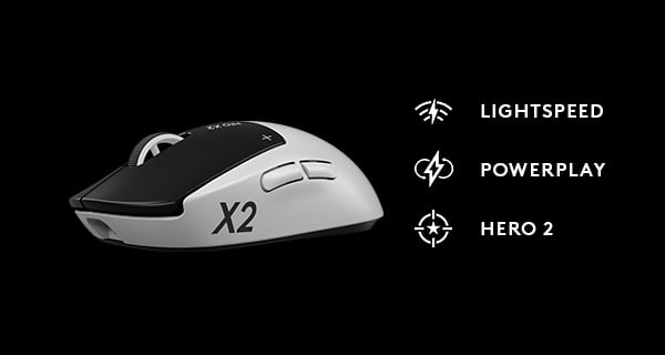 Zdjęcie boczne PRO X2 Superstrike i ikony technologii LIGHTSPEED, POWERPLAY i HERO 2