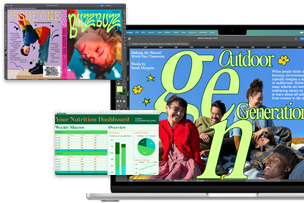 Aplikacje Numbers oraz InDesign na różnych ekranach, pokazujące wydajność 13-calowego MacBooka Air z czipem M4.