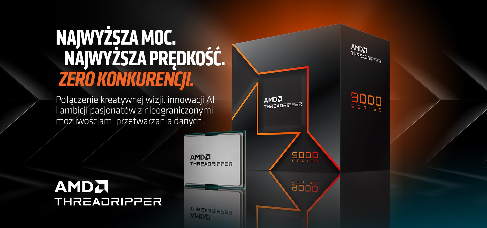 AMD Ryzen Threadripper serii 9000 - procesor z widocznymi rdzeniami i logo AMD