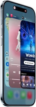iPhone Air pokazany z przodu i z boku, prezentacja Dynamic Island na środku górnej części urządzenia, smukły profil, przycisk czynności i przyciski głośności, na ekranie funkcja przełączania aplikacji