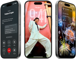 3 modele iPhone’a 17 Pro, przód, ustawione obok siebie urządzenia prezentują iOS 26, efekt Liquid Glass i funkcję Apple Intelligence