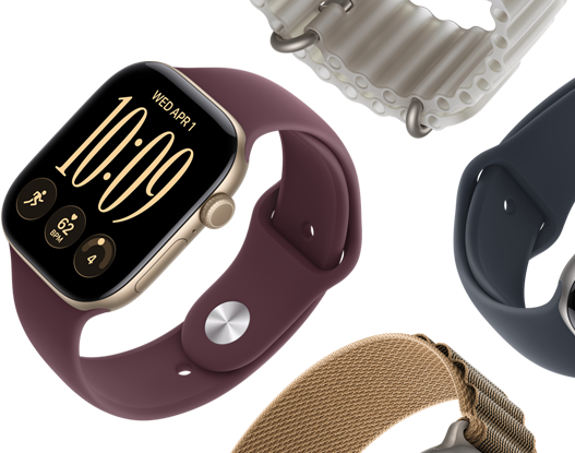 Paski do Apple Watch Series 11: pasek sportowy w kolorze mlecznego fioletu, pasek Ocean w kolorze marynarskiego granatu, opaska Alpine w kolorze jasnoniebieskim