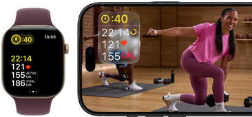 Apple Watch obok iPhone’a z treningiem Apple Fitness+ wyświetlonym na ekranie