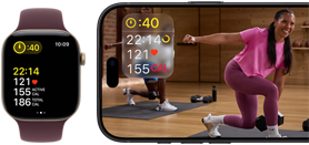 Apple Watch obok iPhone’a z treningiem Apple Fitness+ wyświetlonym na ekranie