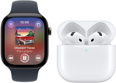 Apple Watch Series 12 z kopertą z aluminium w kolorze czarnym, z czarnym paskiem sportowym, z otwartą aplikacją Apple Music, sparowany ze słuchawkami AirPods 4