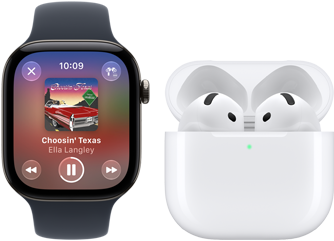 Apple Watch Series 12 z kopertą z aluminium w kolorze czarnym, z czarnym paskiem sportowym, z otwartą aplikacją Apple Music, sparowany ze słuchawkami AirPods 4