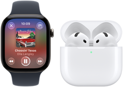 Apple Watch Series 12 z kopertą z aluminium w kolorze czarnym, z czarnym paskiem sportowym, z otwartą aplikacją Apple Music, sparowany ze słuchawkami AirPods 4