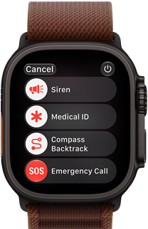 Apple Watch Ultra 4 z kopertą z tytanu w kolorze czarnym, połączenie satelitarne, widoczny prawy bok urządzenia, pokrętło Digital Crown, wystający przycisk boczny, opaska Alpine w kolorze burgunda