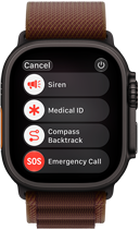 Apple Watch Ultra 4 z kopertą z tytanu w kolorze czarnym, połączenie satelitarne, widoczny prawy bok urządzenia, pokrętło Digital Crown, wystający przycisk boczny, opaska Alpine w kolorze burgunda