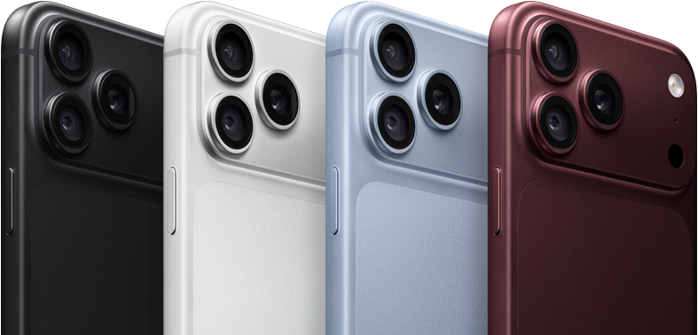 Kilka urządzeń iPhone 18 Pro w rzędzie, tył obudowy, wszystkie cztery kolory: burgund, błękit lodowca, srebrny, czarny, system Pro aparatów Fusion w lewym górnym rogu, 3 obiektywy, mikrofon, flesz