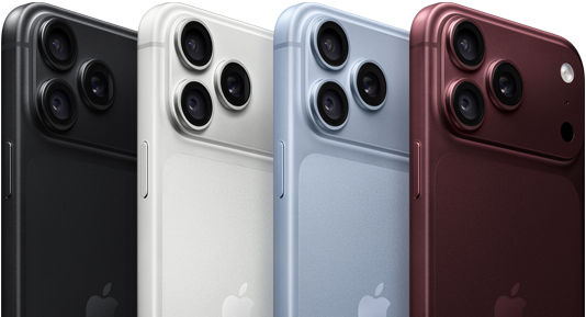 Kilka urządzeń iPhone 18 Pro w rzędzie, tył obudowy, wszystkie cztery kolory: burgund, błękit lodowca, srebrny, czarny, system Pro aparatów Fusion w lewym górnym rogu, 3 obiektywy, mikrofon, flesz