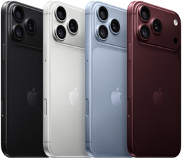 Kilka urządzeń iPhone 18 Pro w rzędzie, tył obudowy, wszystkie cztery kolory: burgund, błękit lodowca, srebrny, czarny, system Pro aparatów Fusion w lewym górnym rogu, 3 obiektywy, mikrofon, flesz