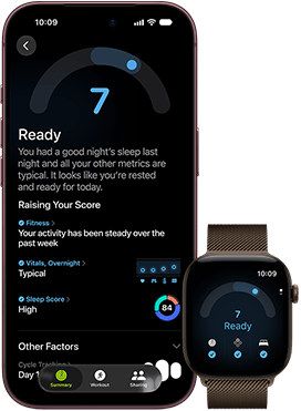 iPhone 18 Pro, kolor czarny, przód obudowy, widać wynik oceny gotowości (ocena 7), urządzenie sparowane z widocznym od przodu brązowym Apple Watch, widać ten sam wynik oceny gotowości (ocena 7)
