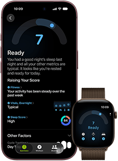 iPhone 18 Pro, kolor czarny, przód obudowy, widać wynik oceny gotowości (ocena 7), urządzenie sparowane z widocznym od przodu brązowym Apple Watch, widać ten sam wynik oceny gotowości (ocena 7)