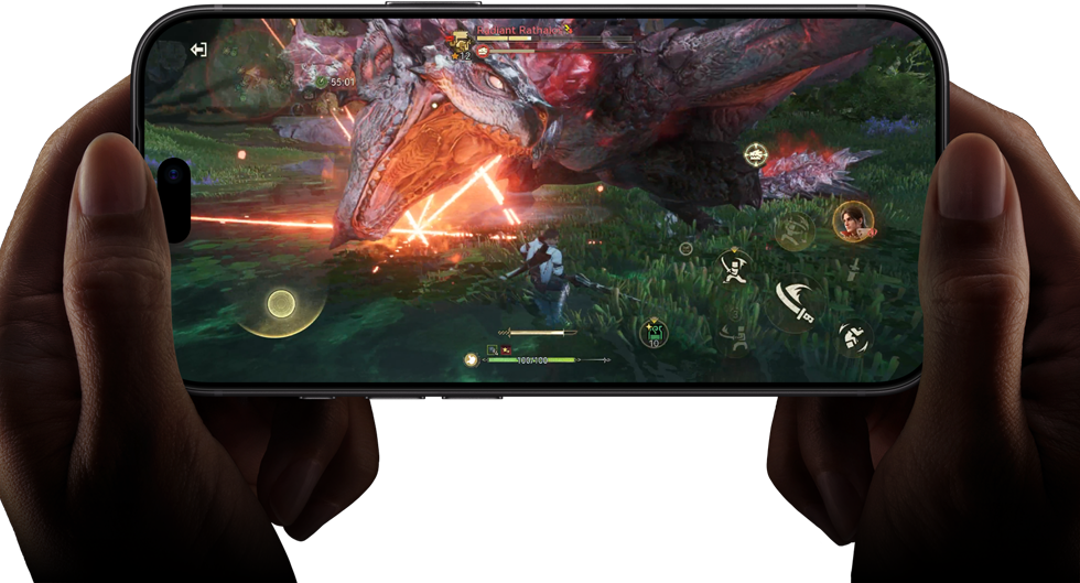 iPhone 18 Pro, przód obudowy, na ekranie zaprezentowane możliwości czipa A20 Pro za pomocą sceny z gry Monster Hunter Outlanders