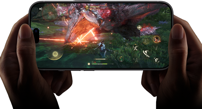 iPhone 18 Pro, przód obudowy, na ekranie zaprezentowane możliwości czipa A20 Pro za pomocą sceny z gry Monster Hunter Outlanders