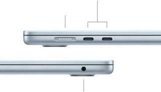 Widok na oba boki MacBooka Air i jego porty: z lewej strony port MagSafe i dwa porty Thunderbolt 4, a z prawej – gniazdo słuchawkowe