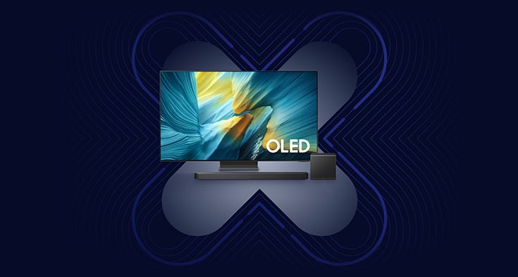 Urządzenia samsung z kategorii RTV i AGD w białych ramkach na ciemnym tle