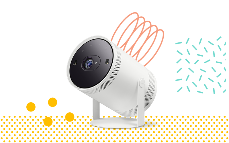 Samsung The Freestyle projektor na miętowym tle z kolorowymi kropkami. Promocja z powerbankiem dostępna w sklepach X-KOM.