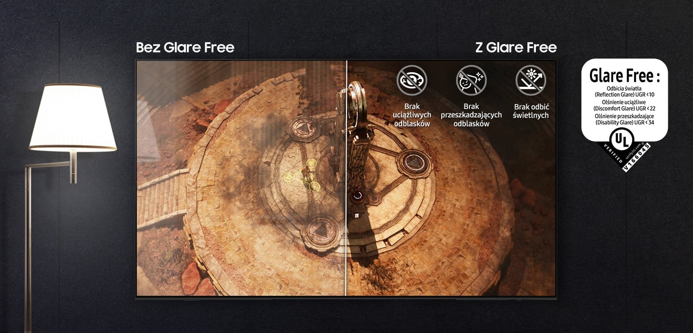 Ekran TV jest podzielony na dwie sekcje. Sekcja z technologią Glare Free pokazuje czystą scenę gry, a sekcja z konwencjonalnym OLED-em ukazuje refleksy. Ikony Discomfort Glare Free, Disability Glare Free i Reflection Glare Free umieszczone są w prawym górnym rogu ekranu.