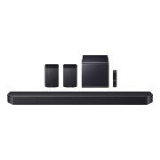Zestaw głośników Samsung Soundbar Q-seria 11.1.4 z subwooferem i tylnymi głośnikami w zestawie z pilotem  od frontu