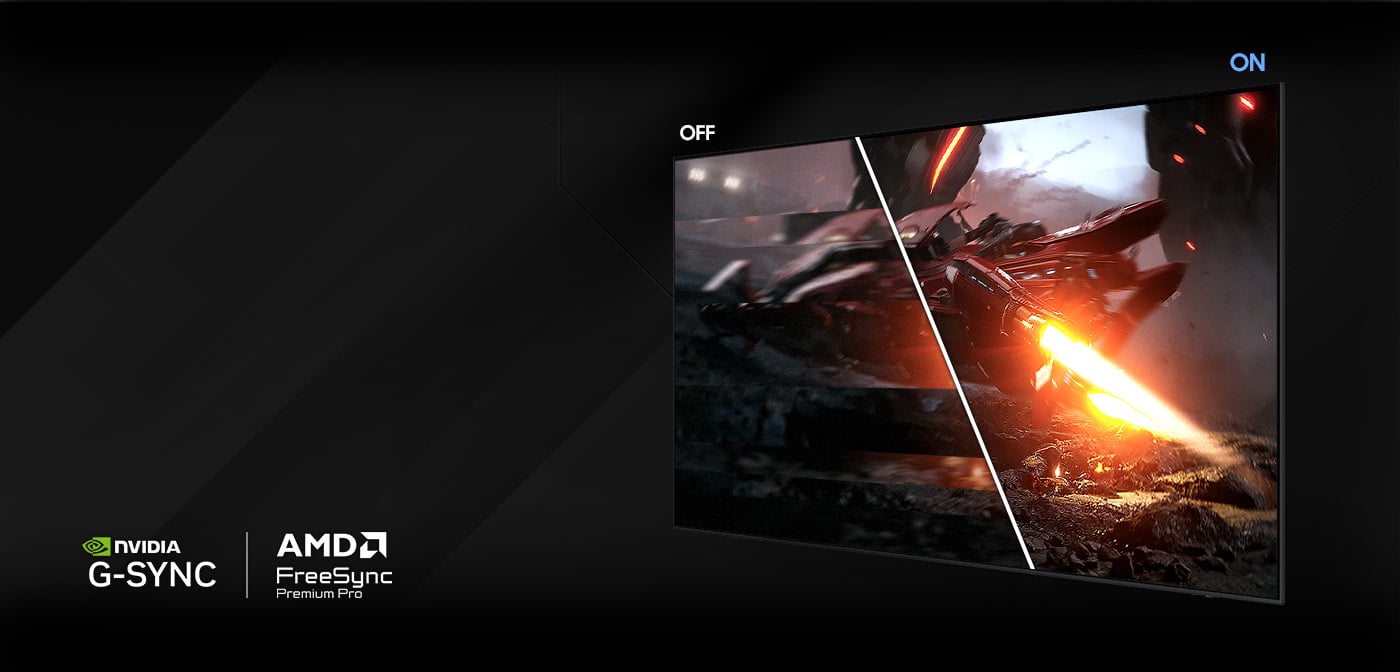 Ilustracja pokazuje startujący statek. Na połowie obrazka, przy włączonym NVIDIA G‑Sync i AMD FreeSync Premium Pro ekran jest czysty. Przy wyłączonych - ekran na drugiej połowie obrazka jest poszarpany.