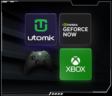 Loga partnerskich marek gamingowych w kwadratowych kafelkach. W górnym rzędzie logo Utomik i Nvidia Geforce Now, w dolnym rzędzie kontroler Xbox i logo Xbox