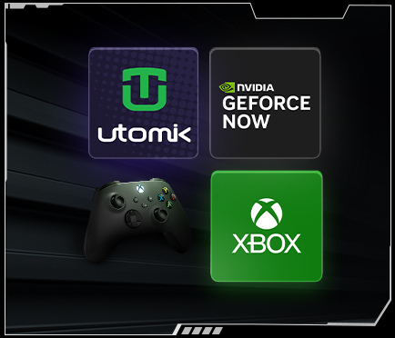Loga partnerskich marek gamingowych w kwadratowych kafelkach. W górnym rzędzie logo Utomik i Nvidia Geforce Now, w dolnym rzędzie kontroler Xbox i logo Xbox
