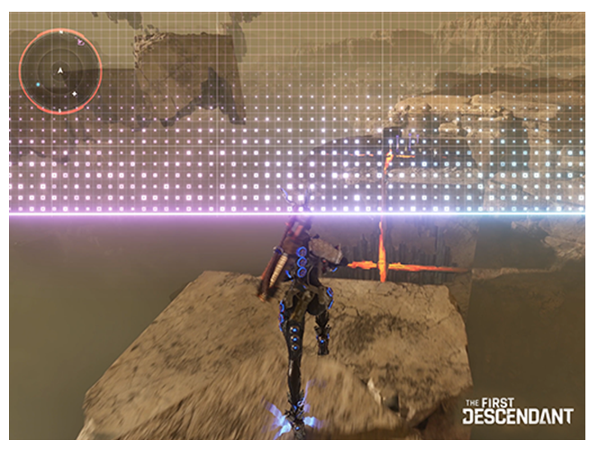 Gamingowy TV Samsung wyświetla scenę z gry The First Descendant z minimapą w rogu. TV wykrywa minimapę. Pokazane są różne opcje wyświetlania minimapy, w tym większy widok na tym samym ekranie oraz udostępnienie na inne urządzenie.