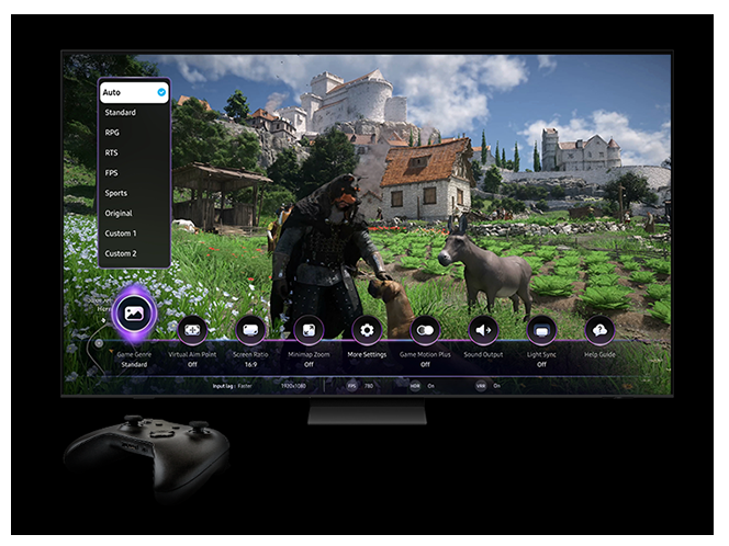 Telewizor Samsung wyświetla na ekranie Crimson Desert z aktywnym Panele Gracza. Ikona Gatunek gry oraz zakładka Auto są podświetlone. Na dole obrazka jest kontroler.